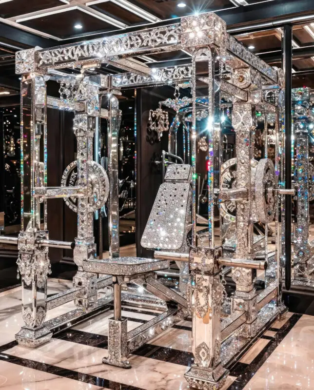 AI-generated crystal-covered power cage sculpture by IVA POPSURREAL and Suzan Valois in a mirrored surreal interior
