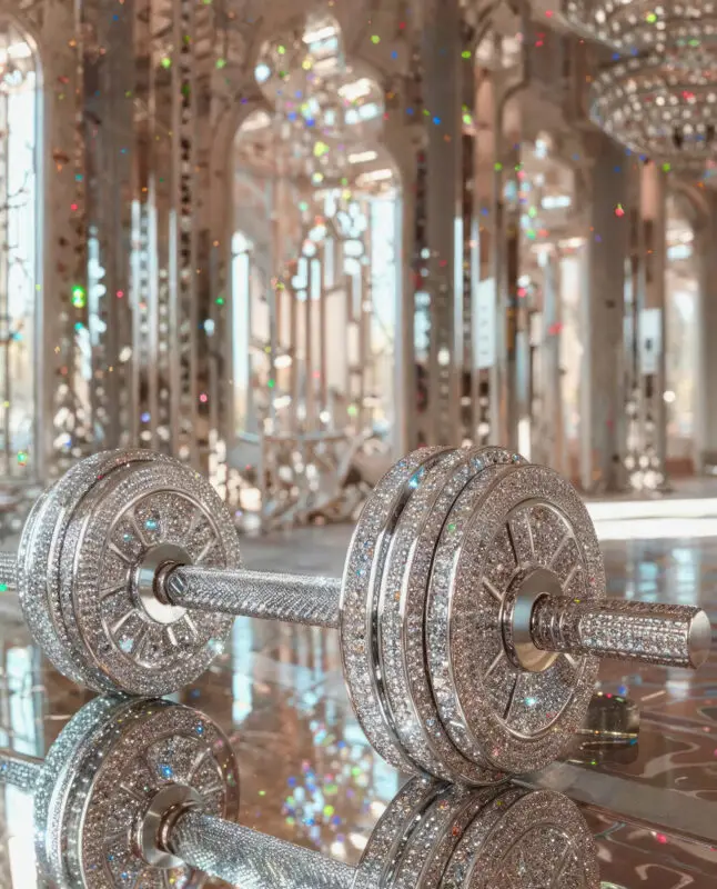 Shimmering crystal-encrusted barbell designed in AI by IVA POPSURREAL and Suzan Valois, reflecting futuristic fitness and surreal design