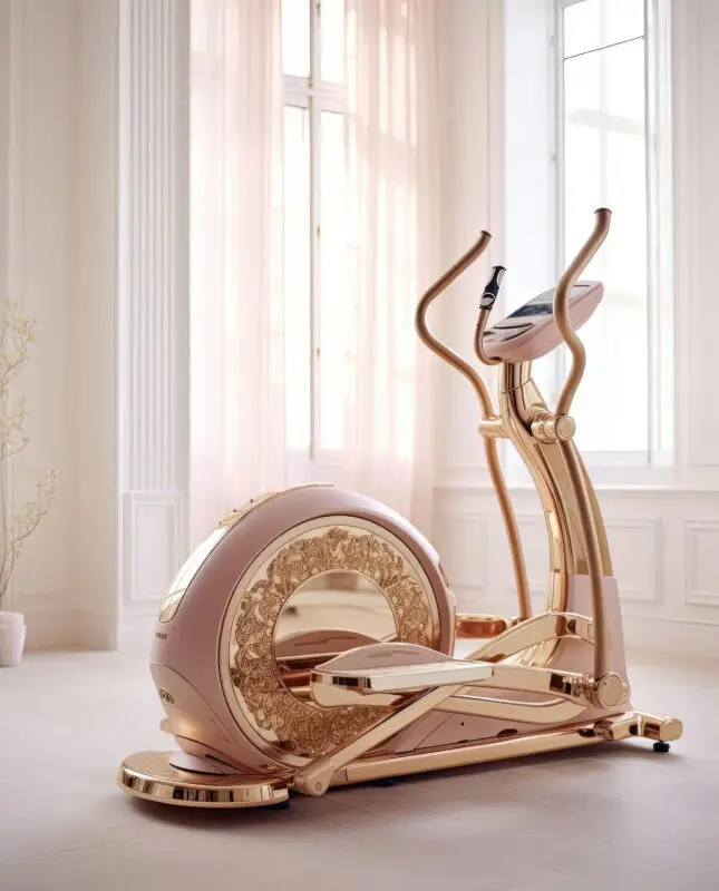 AI-designed elliptical trainer in soft pink and gold tones by IVA POPSURREAL and Suzan Valois, set in a refined interior