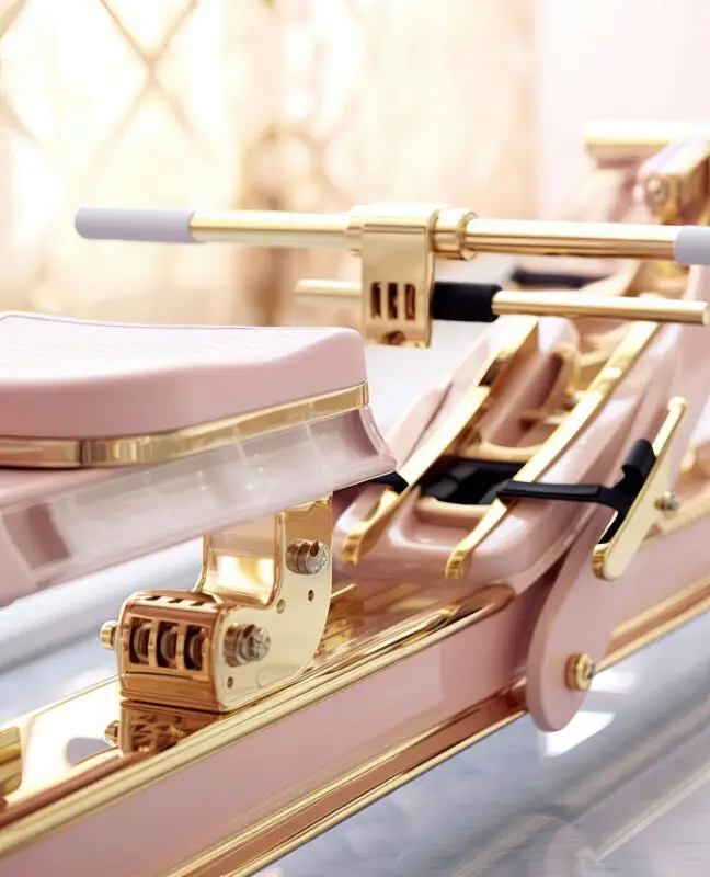 Close-up of AI-designed gym rowing machine in pink and gold, by IVA POPSURREAL and Suzan Valois