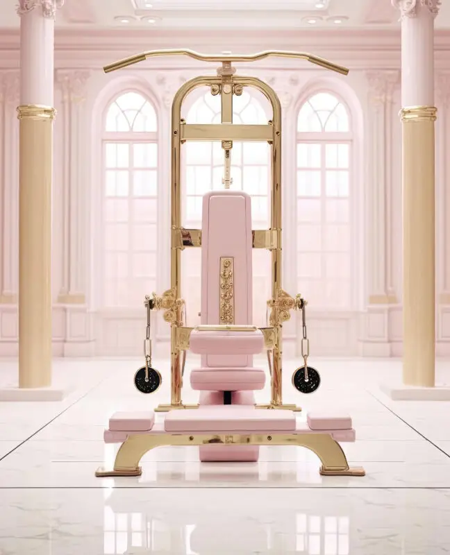 Luxurious pink and gold gym machine in a neoclassical hall – AI art by IVA POPSURREAL, surreal fitness design by Suzan Valois