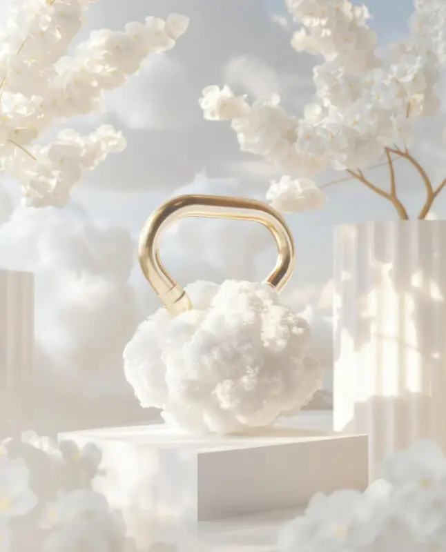 White cloud-shaped kettlebell with golden handle on white pedestal, surrounded by dreamy soft blossoms, by IVA POPSURREAL and Suzan Valois