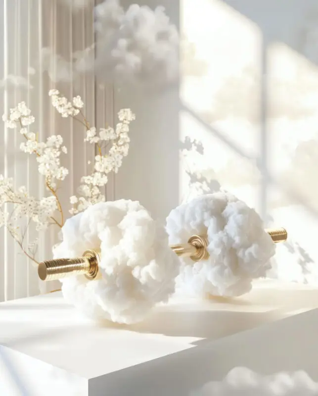 Surreal white cloud-shaped barbell with golden handle resting on a pedestal in soft sunlight, by IVA POPSURREAL and Suzan Valois