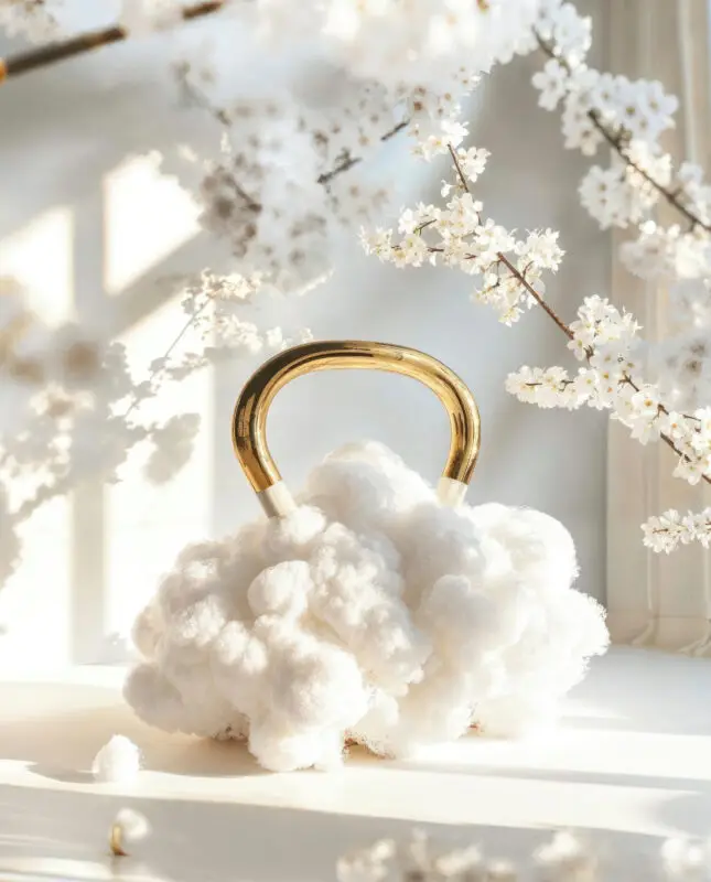 AI-designed cloud kettlebell with a golden handle surrounded by blooming white branches, by IVA POPSURREAL and Suzan Valois