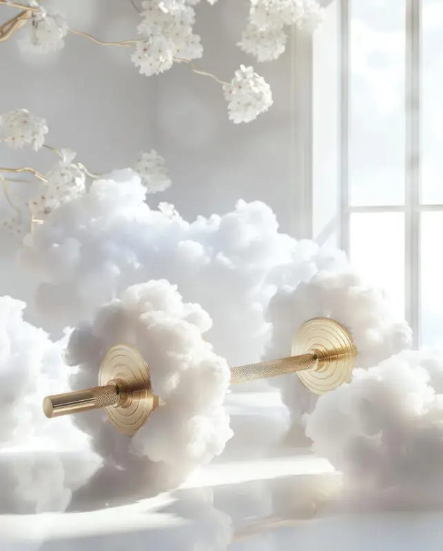 AI-generated barbell wrapped in soft white clouds with golden weight plates, designed by IVA POPSURREAL and Suzan Valois