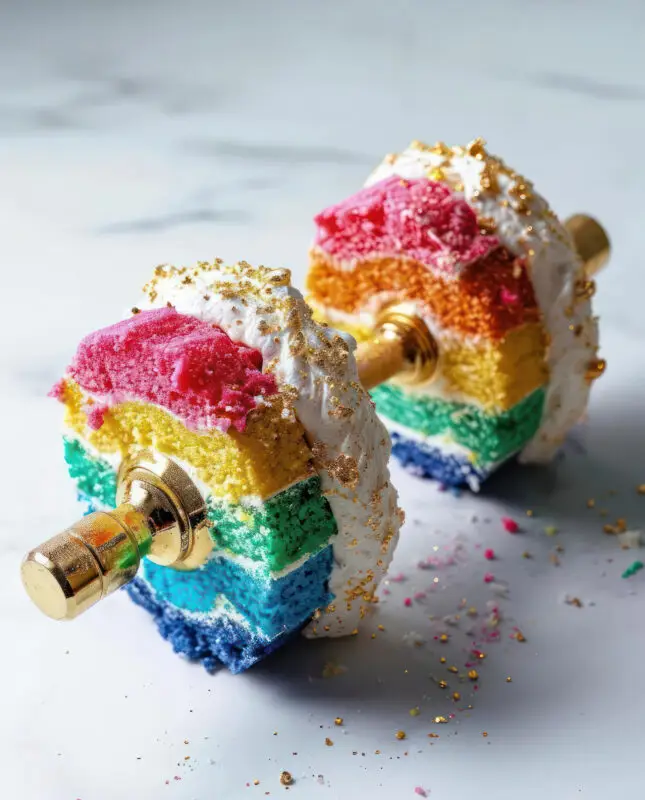 AI-created dumbbell shaped like a rainbow layer cake with whipped frosting and golden flakes, designed by IVA POPSURREAL and Suzan Valois