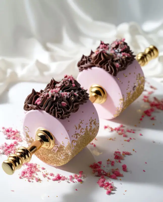 AI-generated dumbbells designed like pink and gold cakes with chocolate frosting and sprinkles, by IVA POPSURREAL and Suzan Valois