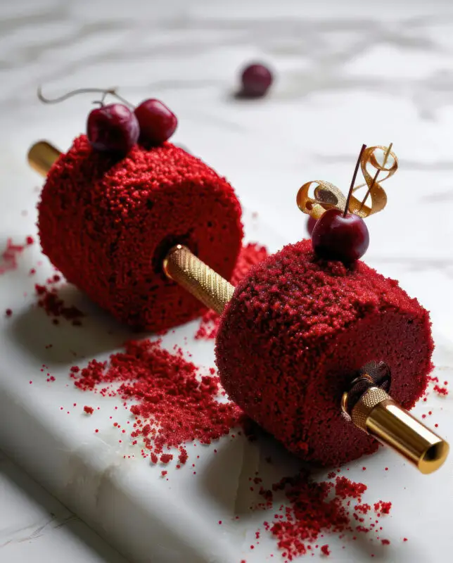 AI-generated dumbbell shaped like red velvet cake with cherries and gold accents on a marble surface, created by IVA POPSURREAL and Suzan Valois