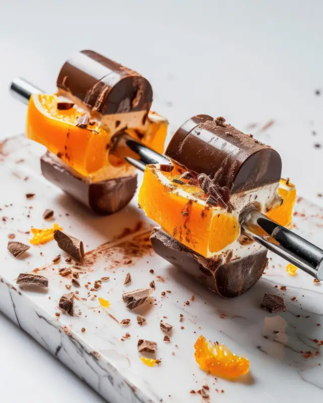 AI-generated dumbbell shaped like a chocolate orange cake with cream layers and fruit slices, designed by IVA POPSURREAL and Suzan Valois