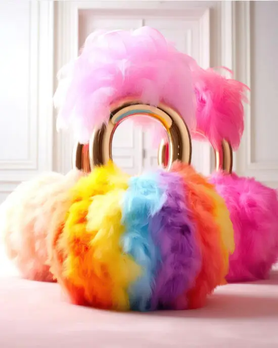 AI-generated fluffy kettlebells in rainbow and pink tones with gold handles, created by IVA POPSURREAL and Suzan Valois in a soft white interior