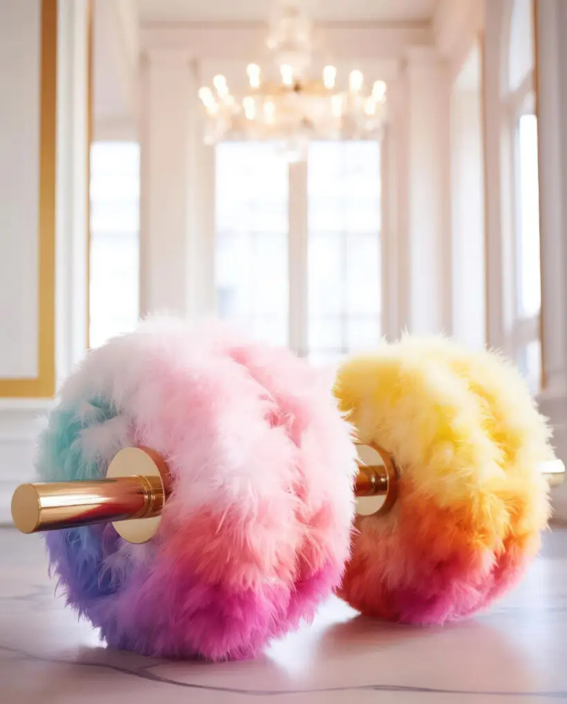 AI-designed fluffy barbells in pastel and bright gradient colors with gold bars, created by IVA POPSURREAL and Suzan Valois