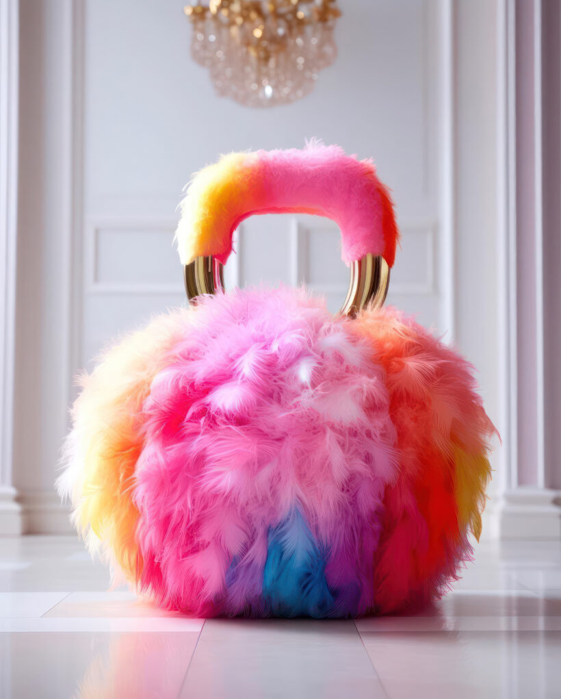 AI-designed multicolored fluffy kettlebell with gold handle, created by IVA POPSURREAL and Suzan Valois in a neoclassical interior