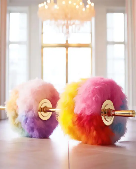 AI-generated fluffy barbells in multicolored pastel and neon hues with gold bars, designed by IVA POPSURREAL and Suzan Valois