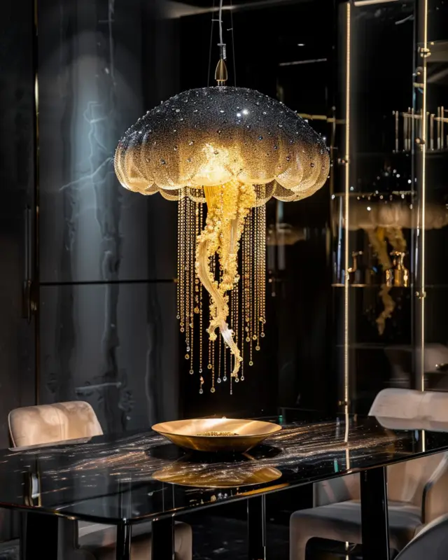 AI-generated black and gold jellyfish light sculpture suspended above a reflective dining table, designed by IVA POPSURREAL and Suzan Valois