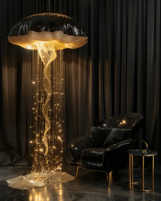 AI-designed black and gold jellyfish pendant light with spiral golden drop, placed above a starry black chair in a dark interior by IVA POPSURREAL