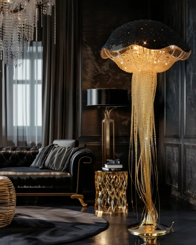 AI-generated jellyfish floor lamp in black and gold with long glowing tendrils, created by IVA POPSURREAL and Suzan Valois