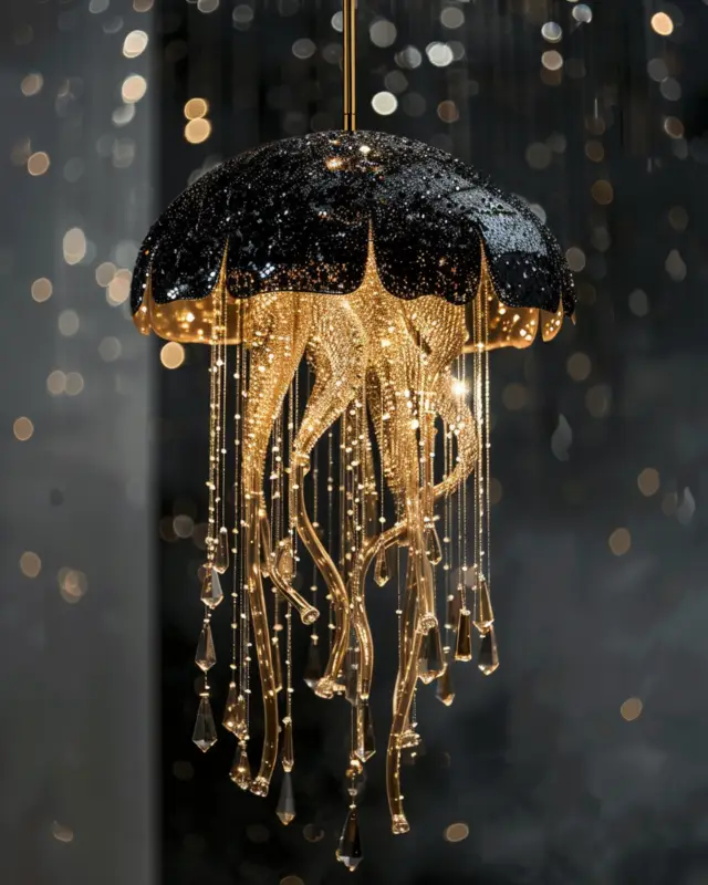 AI-generated jellyfish-shaped black and gold pendant light with crystal drops, designed by IVA POPSURREAL and Suzan Valois