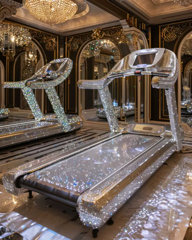 AI-created glittering crystal treadmill in mirrored architectural fitness interior by IVA POPSURREAL and Suzan Valois