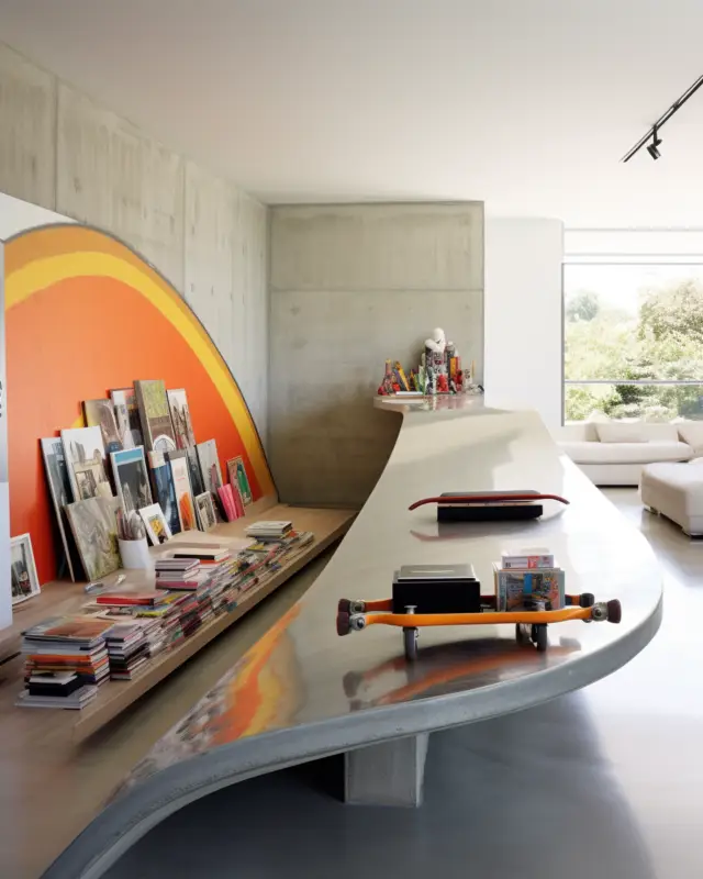 AI-generated office turned skate studio with integrated concrete ramps, custom graffiti tables, and modular art pods, designed by IVA POPSURREAL