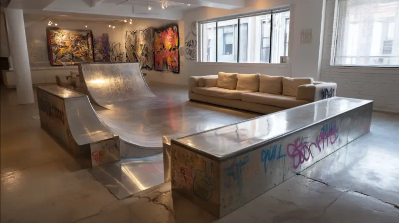 AI-generated industrial loft transformed into an indoor skate park with concrete ramps, rails, and spectral lighting, designed by IVA POPSURREAL