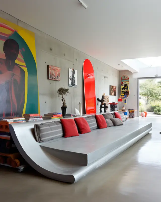 AI-generated office space transformed with concrete skate ramps, colorful communal tables, and graffiti art installations, designed by IVA POPSURREAL