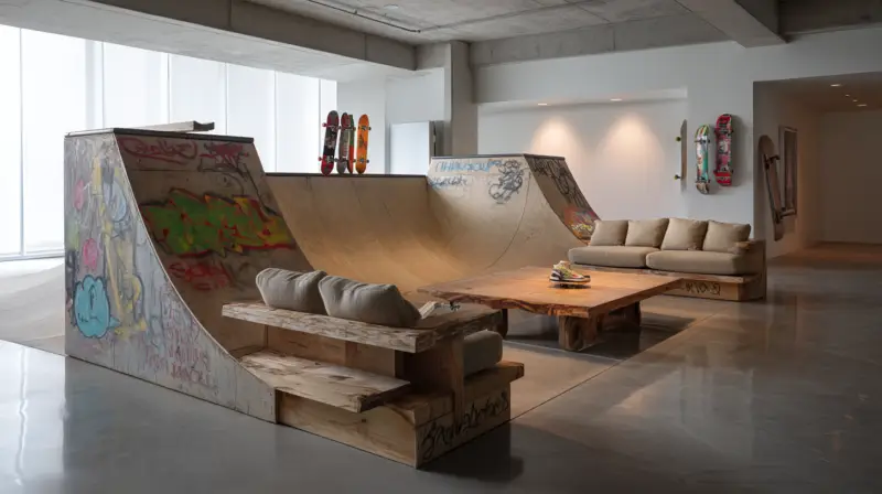 AI-generated concrete couch molded from a skate ramp with curved transitions and integrated seating, designed by IVA POPSURREAL