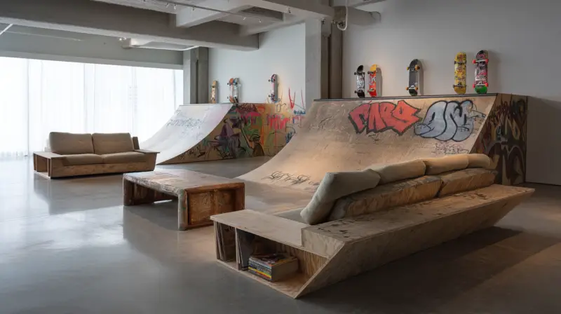 AI-generated industrial interior transformed into a seamless skate park with concrete ramps, rails, and lounge areas, designed by IVA POPSURREAL
