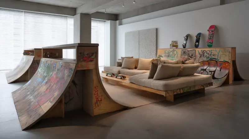 AI-generated interior conversion featuring concrete skate ramps and half-pipes in a high-ceilinged industrial loft, designed by IVA POPSURREAL