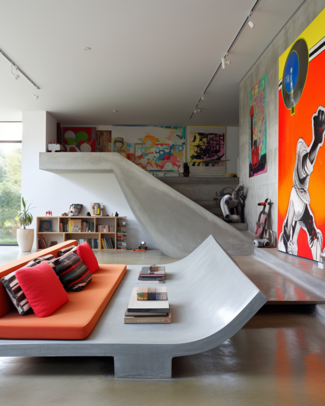 AI-generated concrete couch shaped from a skate ramp transition with smooth curves and integrated seating, designed by IVA POPSURREAL