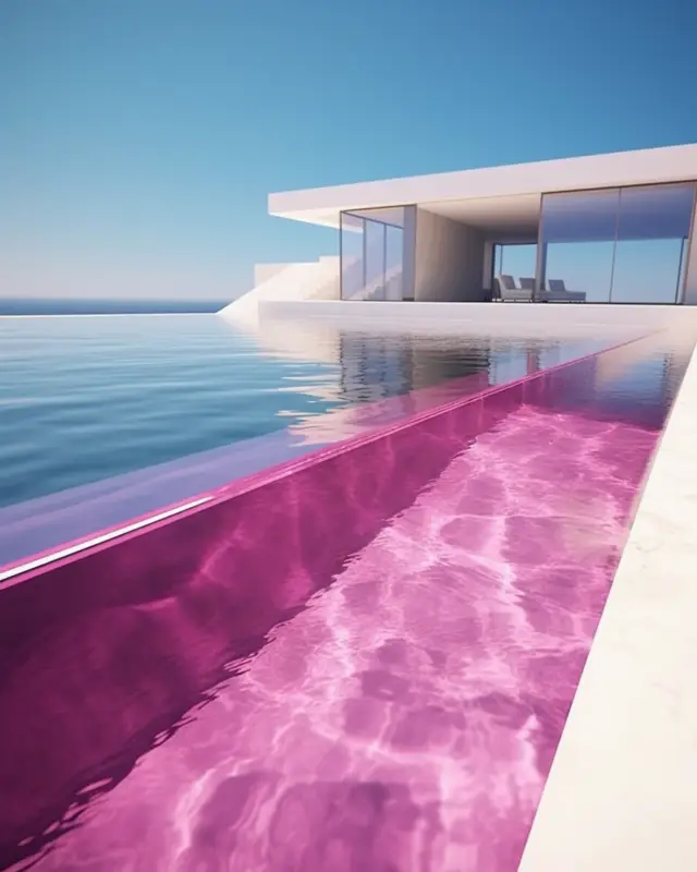 Modern infinity pool with magenta-toned interior and minimalist white villa, created by IVA POPSURREAL using AI
