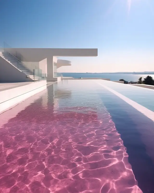 Modern magenta infinity pool with vivid magenta floor and panoramic ocean view under clear sky