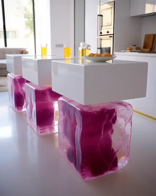 Kitchen design with magenta crystal blocks supporting white square countertops in an AI-generated interior by IVA POPSURREAL