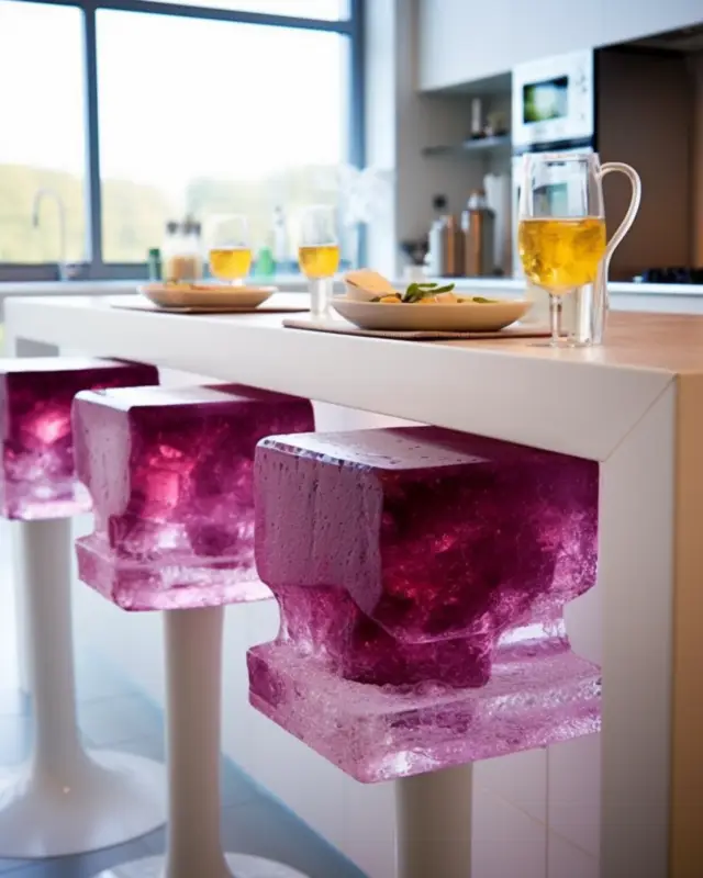 AI-designed magenta crystal barstools integrated into a minimalist kitchen counter, created by IVA POPSURREAL