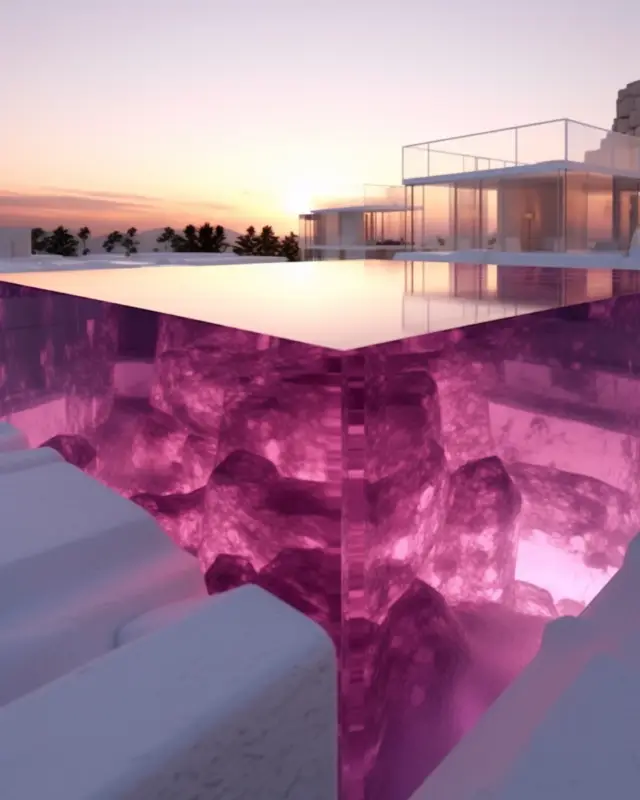 AI-designed pool with glowing magenta crystal base and minimalist architecture by IVA POPSURREAL at sunset
