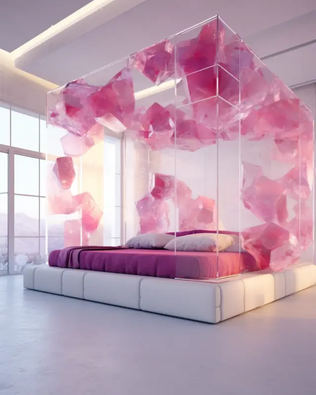 Contemporary bed with a translucent magenta crystal canopy structure in a minimalist white bedroom