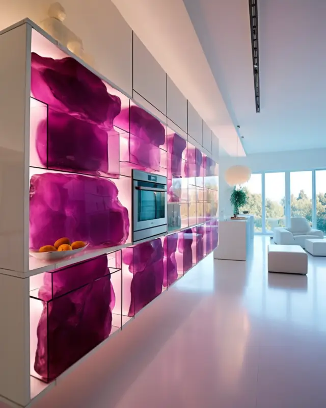 Modern kitchen wall featuring backlit magenta crystal-like cabinet fronts embedded in white modular panels