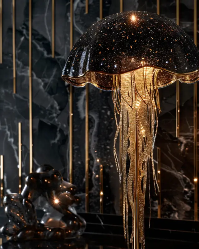 AI-generated jellyfish-shaped pendant light in black and gold with sparkling tendrils, designed by IVA POPSURREAL and Suzan Valois