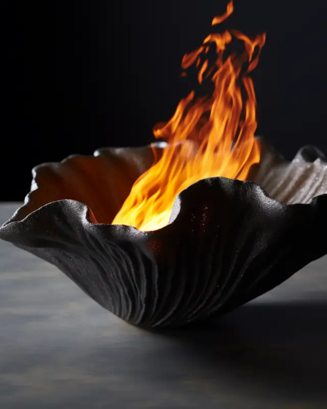AI-designed sculptural fire bowl with rising flame, created by IVA POPSURREAL and Suzan Valois in black volcanic texture
