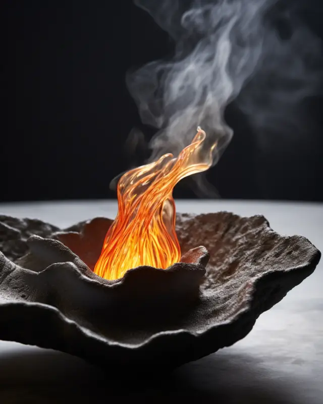 Organic fire sculpture with layered lava bowl and vertical smoke, AI-generated by IVA POPSURREAL and Suzan Valois for conceptual interiors