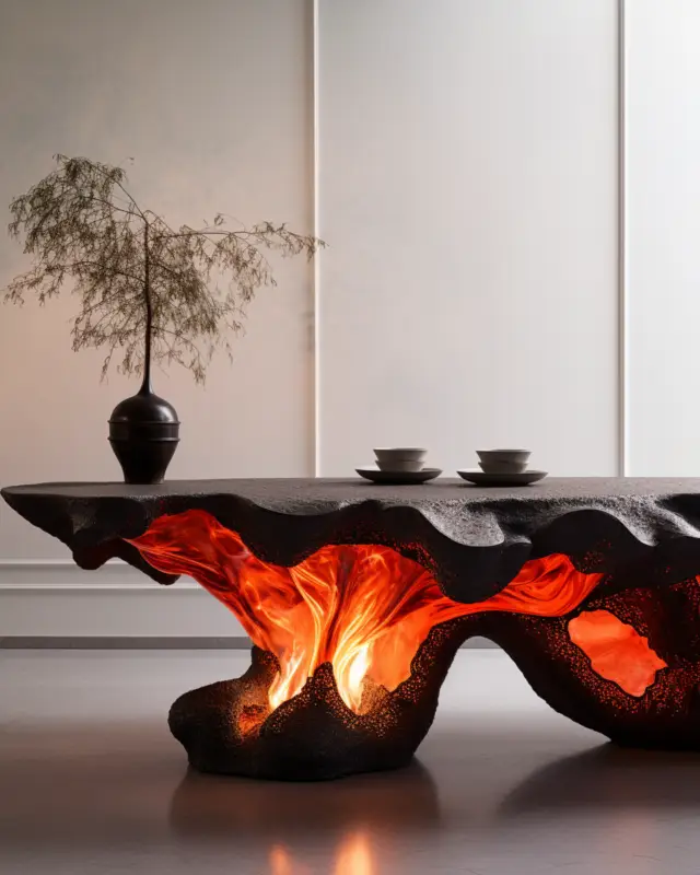 AI-generated lava table with glowing interior flame and fluid carved base, designed by IVA POPSURREAL and Suzan Valois for modern interiors