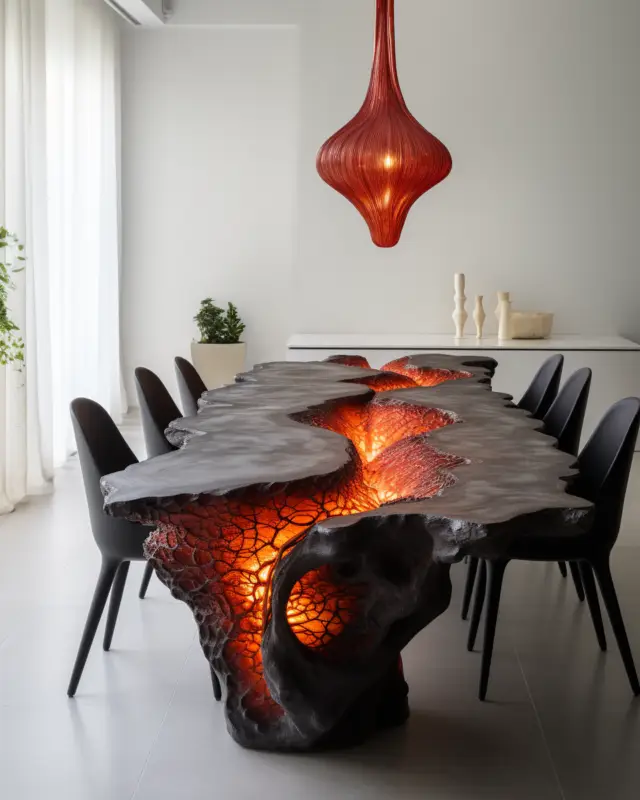 AI-generated lava-inspired dining table with glowing cracks and sculptural black texture, created by IVA POPSURREAL and Suzan Valois