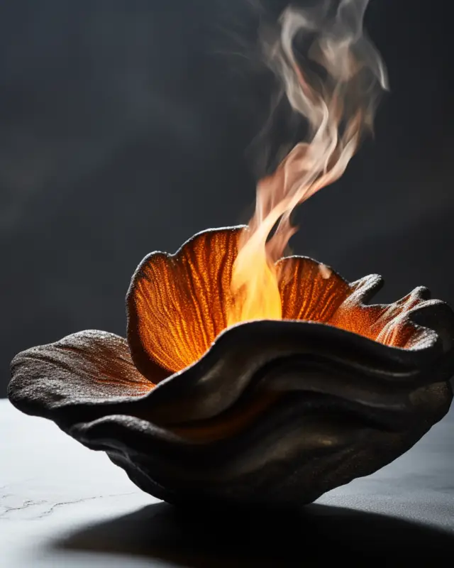 Layered black bowl with sculptural flame and rising smoke, AI-designed by IVA POPSURREAL and Suzan Valois for artistic interior accents