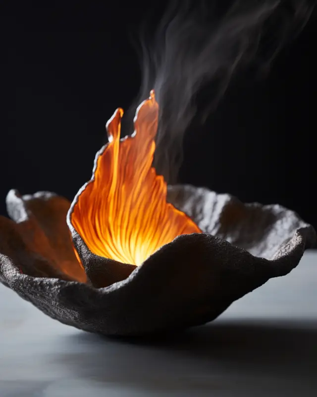 Black sculptural bowl with stylized flame and smoke, AI-generated by IVA POPSURREAL and Suzan Valois for conceptual interior decor