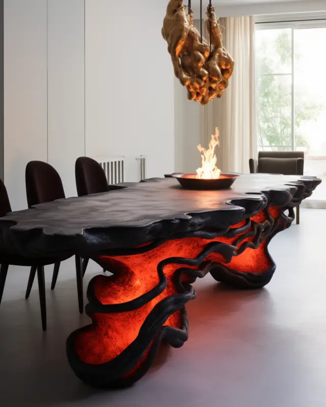 AI-generated black lava dining table with glowing layers and a fire bowl centerpiece, designed by IVA POPSURREAL and Suzan Valois
