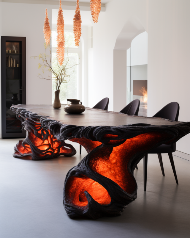 Large black lava-style dining table with glowing orange base, AI-generated by IVA POPSURREAL and Suzan Valois, in minimalist interior