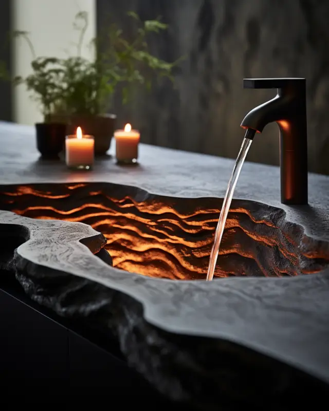 Textured black lava sink with glowing wave pattern and running water, AI-generated by IVA POPSURREAL and Suzan Valois for lifestyle interiors