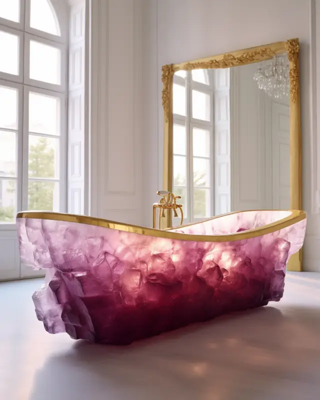 Bathtub made of faceted magenta crystal with warm internal lighting and gold trim, set in a bright, sculpted interior
