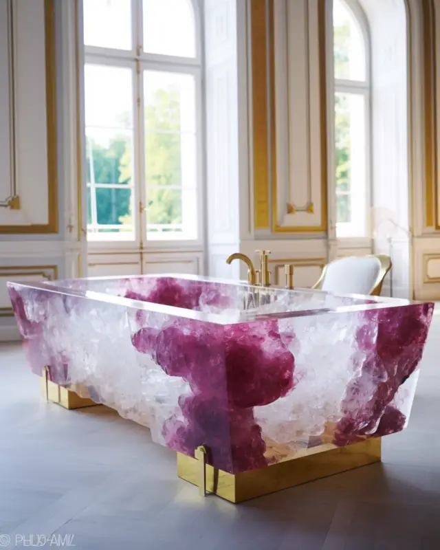 Rectangular crystal bathtub in magenta and white with golden base and fixtures in a neoclassical interior, AI-designed by IVA POPSURREAL