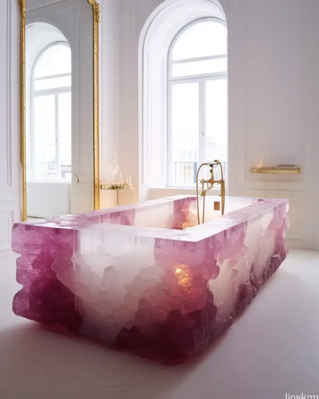 AI-generated translucent magenta crystal bathtub in a white neoclassical interior, designed by IVA POPSURREAL