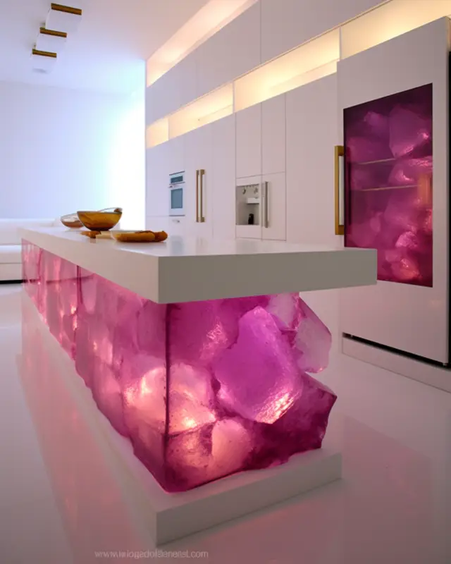AI-generated kitchen island with glowing magenta crystal structure and sculpted cabinetry by IVA POPSURREAL